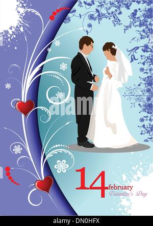 Valentine`s Day greeting card with bride and groom image. Vector Stock Vector